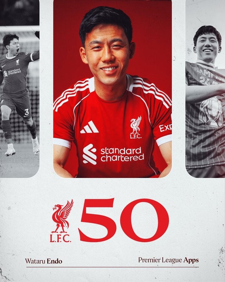 开云体育-利物浦官方庆祝远藤航达成英超50场出战成就